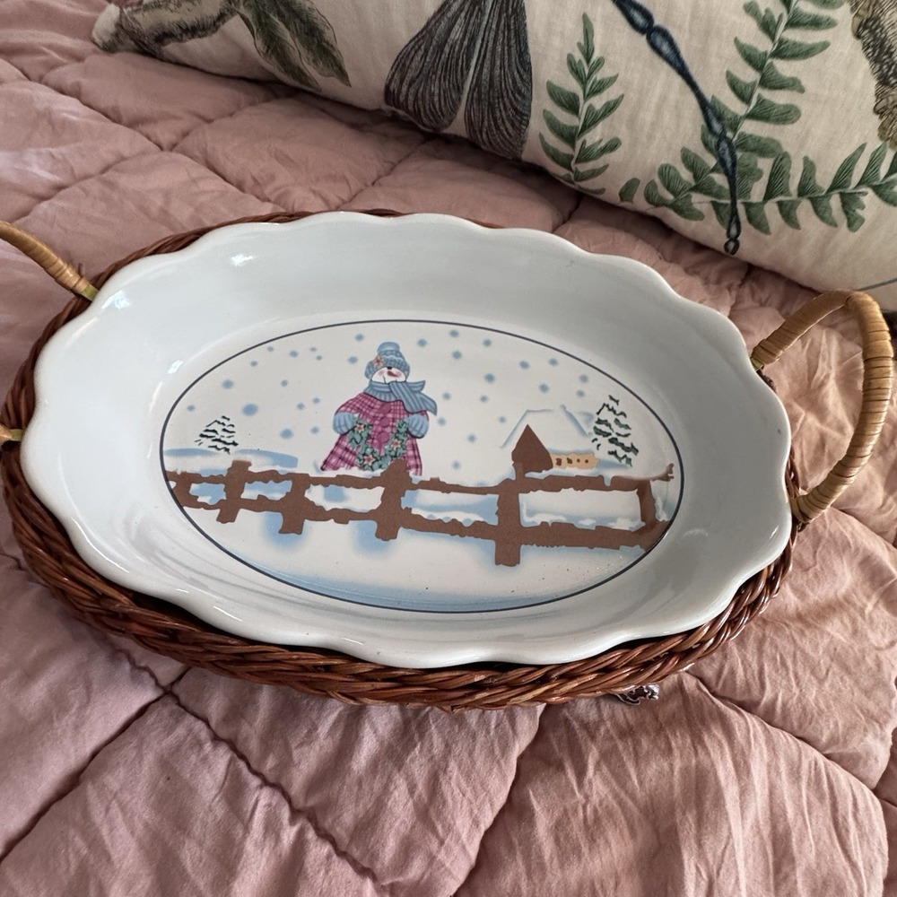 Spinnaker Snowman Serving Dish With Basket And Holiday Charms 9"